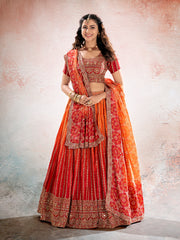 Women’s Orange Embroidered Lehenga Choli with Dupatta