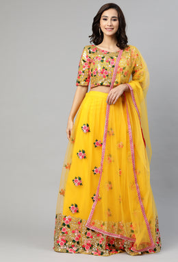 Women’s Yellow Floral Embroidered Lehenga Choli with Dupatta |