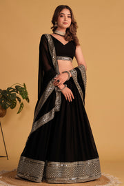 Women’s Black Embroidered Lehenga Choli with Antique Gold Mirror Work & Dupatta