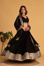 Women’s Black Embroidered Lehenga Choli with Antique Gold Mirror Work & Dupatta
