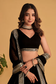 Women’s Black Embroidered Lehenga Choli with Antique Gold Mirror Work & Dupatta