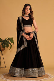 Women’s Black Embroidered Lehenga Choli with Antique Gold Mirror Work & Dupatta