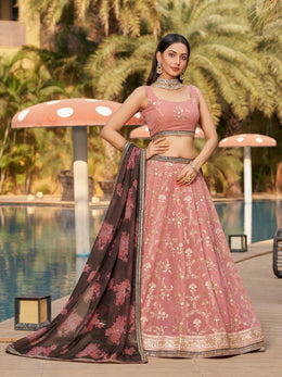 Women’s Pink Floral Embroidered Lehenga Choli with Brown Floral Dupatta