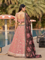 Women’s Pink Floral Embroidered Lehenga Choli with Brown Floral Dupatta