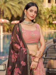 Women’s Pink Floral Embroidered Lehenga Choli with Brown Floral Dupatta