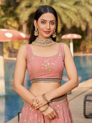 Women’s Pink Floral Embroidered Lehenga Choli with Brown Floral Dupatta