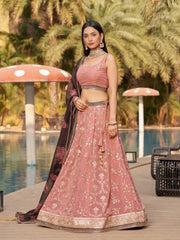 Women’s Pink Floral Embroidered Lehenga Choli with Brown Floral Dupatta