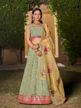 Women Green Floral Embroidered Lehenga Choli with Yellow Dupatta