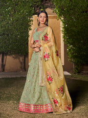 Women Green Floral Embroidered Lehenga Choli with Yellow Dupatta