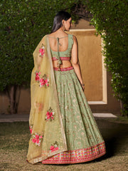 Women Green Floral Embroidered Lehenga Choli with Yellow Dupatta