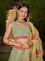 Women Green Floral Embroidered Lehenga Choli with Yellow Dupatta