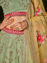 Women Green Floral Embroidered Lehenga Choli with Yellow Dupatta