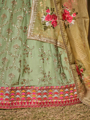 Women Green Floral Embroidered Lehenga Choli with Yellow Dupatta