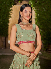Women Green Floral Embroidered Lehenga Choli with Yellow Dupatta