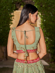 Women Green Floral Embroidered Lehenga Choli with Yellow Dupatta