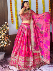 Women’s Pink Floral Printed  Lehenga Choli with Dupatta