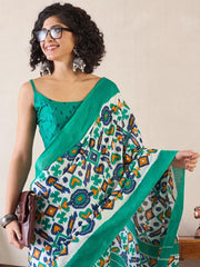 Women’s Green Printed Mul Cotton Ready to Wear Saree with Pocket