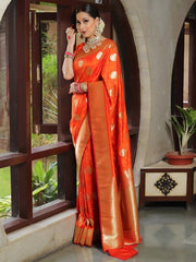 Indian Orange Red Silk Saree for Women with Golden Zari Butti and Rich Woven Border