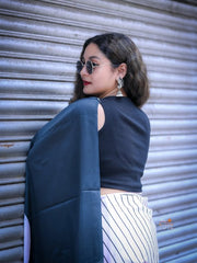 Women’s Ready to Wear Mul Cotton Saree with Pocket, White and Black Printed Stitched Saree