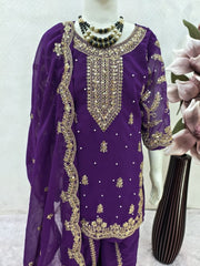 Girls Purple Embroidered Kurta Palazzo Set with Dupatta