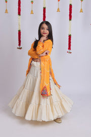 Women Girls Traditional Indian Lehenga Choli Set with Orange Embroidered Long Kurti