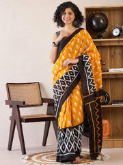 Women’s Ready to Wear Cotton Saree, Mustard Yellow and Black Printed