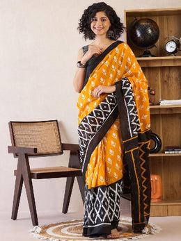 Women’s Ready to Wear Cotton Saree, Mustard Yellow and Black Printed