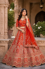Women’s Red Printed Lehenga Choli with Dupatta, Traditional Indian Ethnic Wedding Wear
