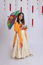 Women Girls Traditional Indian Lehenga Choli Set with Orange Embroidered Long Kurti