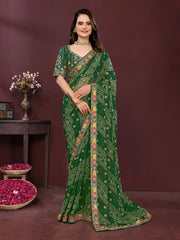 Saree for Women with Digital Print, Embroidery Work Border and Heavy Embroidered Blouse