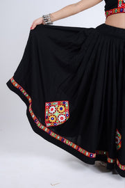 Indian Lehenga Choli Set, Black Flared Lehenga Skirt with Colorful Embroidered Border