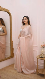 Women’s Soft Pink Chiffon Saree with Silver Embroidered Border for Wedding, Party & Festive Wear