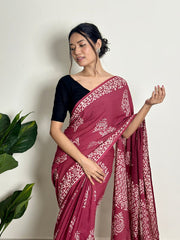 Women’s Ready to Wear Mul Cotton Saree with Pocket, Printed Stitched Saree