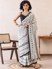 Women’s Ready to Wear Mul Cotton Saree with Pocket, White and Black