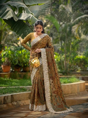 Brown Printed Saree for Women with Intricate Embroidered Border