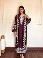 Women’s Maroon Embroidered Long Kurta with Ethnic Design