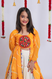 Women Girls Traditional Indian Lehenga Choli Set with Orange Embroidered Long Kurti
