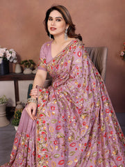 Women with Floral Embroidery Work and Designer Border, Elegant Indian Traditional Saree