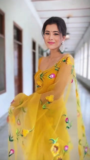 Women’s Ready to Wear Crape Silk Saree, Yellow Floral Printed Stitched Saree