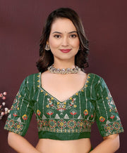 Women’s Green Bandhani Print Saree with Embroidery Work Border