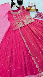 Women’s Pink and Brown Embroidered Lehenga Choli Set with Dupatta
