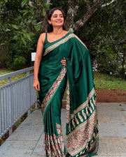 Women’s Ready to Wear Crape Silk Saree, Black Printed Stitched Saree with Red Floral