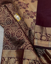 Dark Brown Banarasi Silk Saree for Women with All Over Floral Jacquard Weave