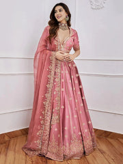 Women’s Dusty Rose Pink Embroidered Lehenga Choli Set with Dupatta