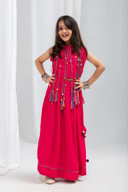 Indian Ethnic Dress, Pink Sleeveless Anarkali Style Maxi Dress with Multicolor Tassel