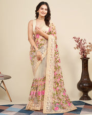 Indian Floral Embroidered Saree for Women with Lace Border