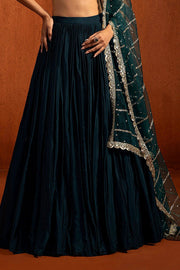 Women’s Dark Green Velvet Lehenga Choli Set with Embroidered Blouse and Net Dupatta