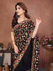 Women with Floral Embroidery Work and Designer Border, Elegant Indian Traditional Saree