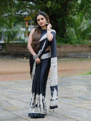 Women’s Ready to Wear Crape Silk Saree, Black Printed Stitched Saree