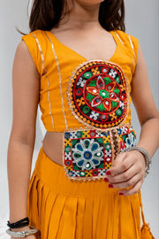 Girls Traditional Indian Lehenga Choli Set, Mustard Yellow Flared Lehenga Skirt